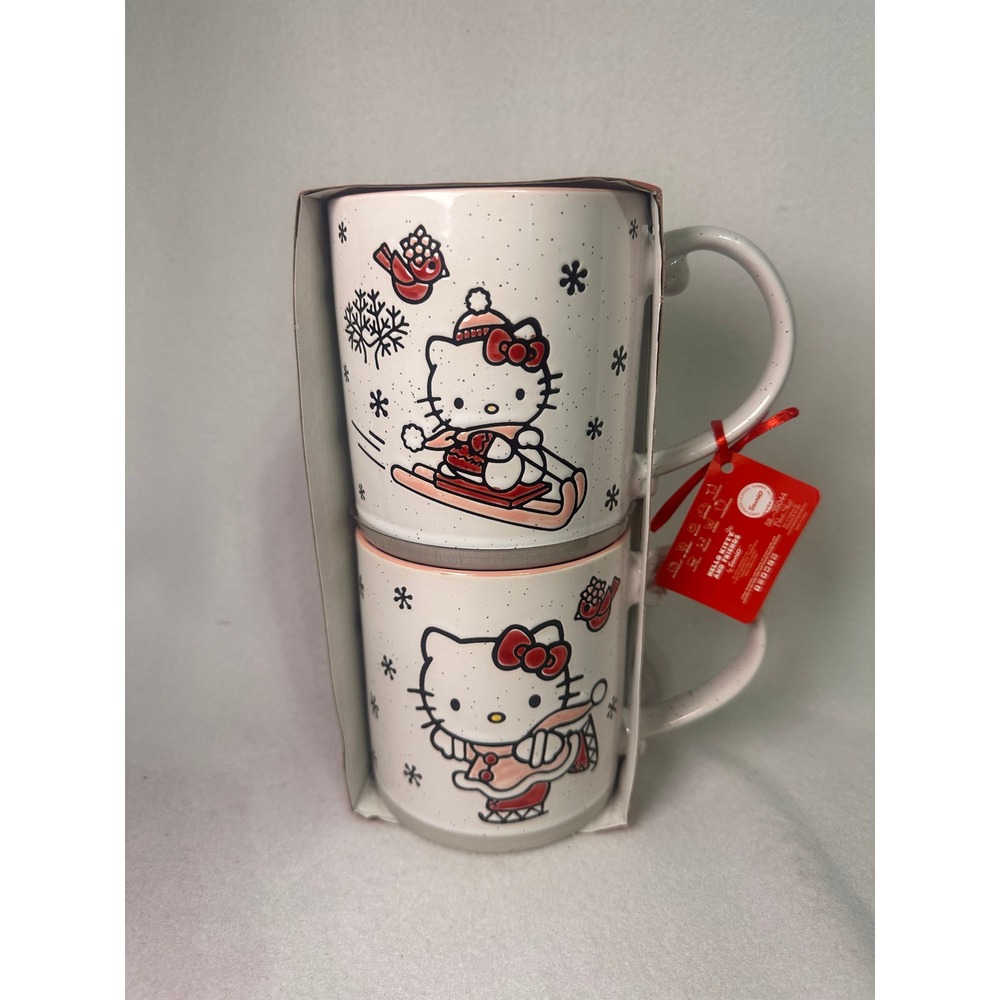 Sanrio Hello Kitty Winter Mug Set 2 Piece Stackable Ceramic Sledding Skating NEW